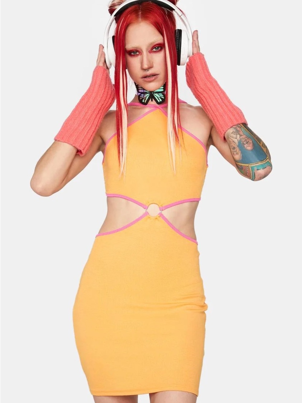 Dolls Kill Halter Neck Cutout Bodycon Dress with Contrast Pink Trim